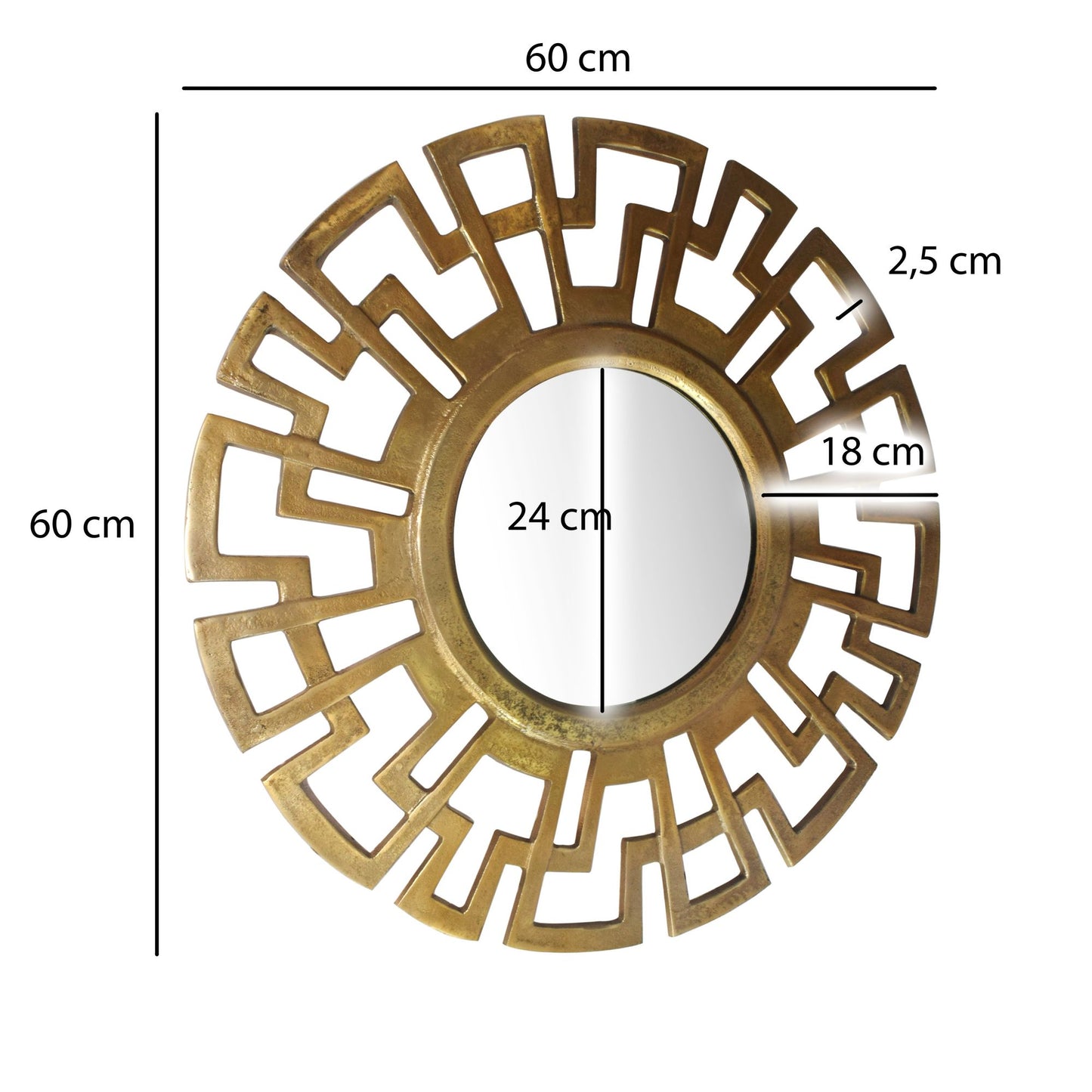 Wandspiegel Art déco 60 cm Metall Design Haengespiegel Gold Aluminium Dekospiegel Rund mit Rahmen Spiegel Wand Gross Flurspiegel Garderobenspiegel Modern