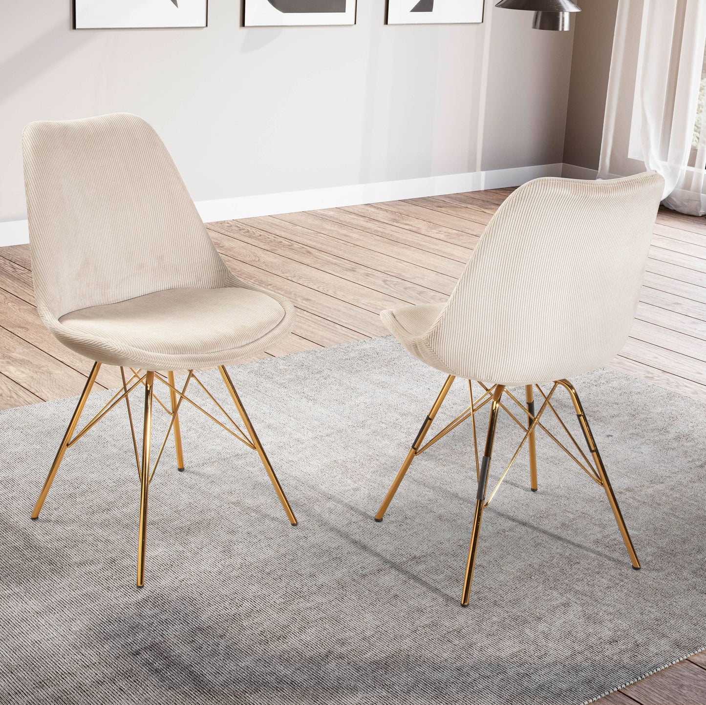 Esszimmerstuhl 2er Set Cara Stoff Beige Kuechenstuhl mit goldenen Beinen Cord Schalenstuhl Skandinavisches Design Polsterstuhl mit Stoffbezug Stuhl Gepolstert