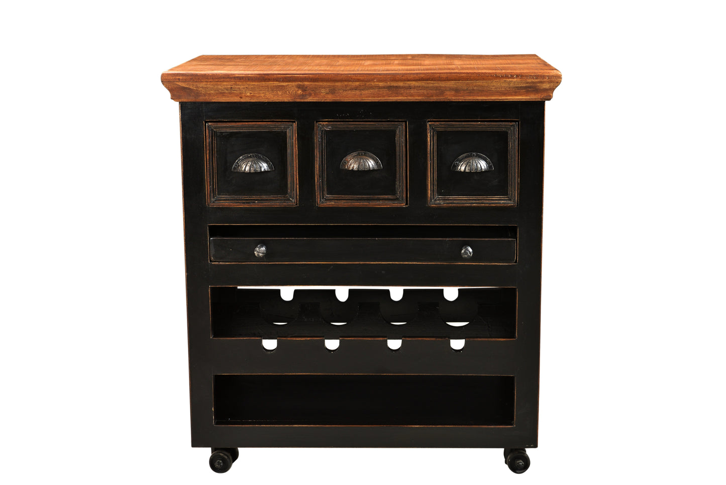 Kuechenwagen   3 Schubladen 1 herausnehmbares Tablett  Ablage fuer 4 Flaschen Schubladeninnenmass 37x15x15 cm Tablettgroesse 57x39x4 cm Hoehe des offenen Fachs 11 cm Stahlrollen