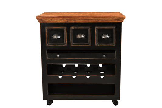 Kuechenwagen   3 Schubladen 1 herausnehmbares Tablett  Ablage fuer 4 Flaschen Schubladeninnenmass 37x15x15 cm Tablettgroesse 57x39x4 cm Hoehe des offenen Fachs 11 cm Stahlrollen