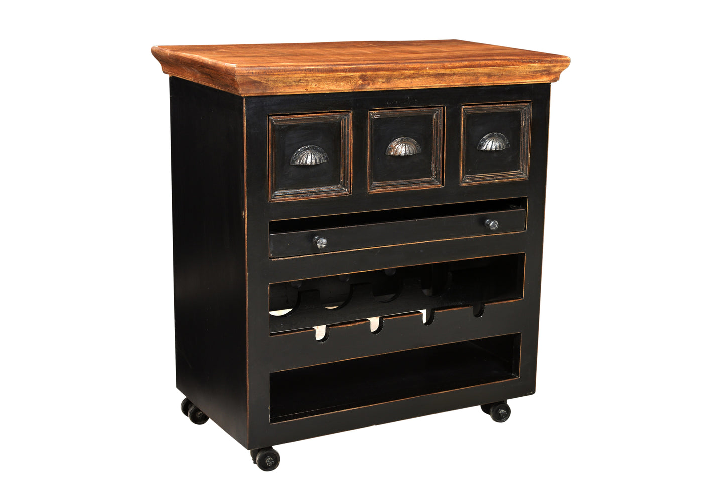 Kuechenwagen   3 Schubladen 1 herausnehmbares Tablett  Ablage fuer 4 Flaschen Schubladeninnenmass 37x15x15 cm Tablettgroesse 57x39x4 cm Hoehe des offenen Fachs 11 cm Stahlrollen