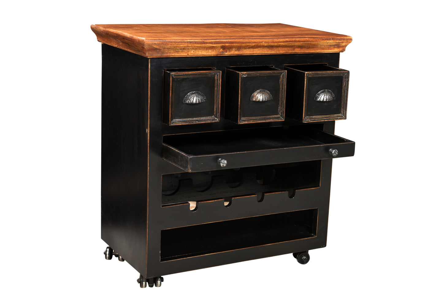 Kuechenwagen   3 Schubladen 1 herausnehmbares Tablett  Ablage fuer 4 Flaschen Schubladeninnenmass 37x15x15 cm Tablettgroesse 57x39x4 cm Hoehe des offenen Fachs 11 cm Stahlrollen
